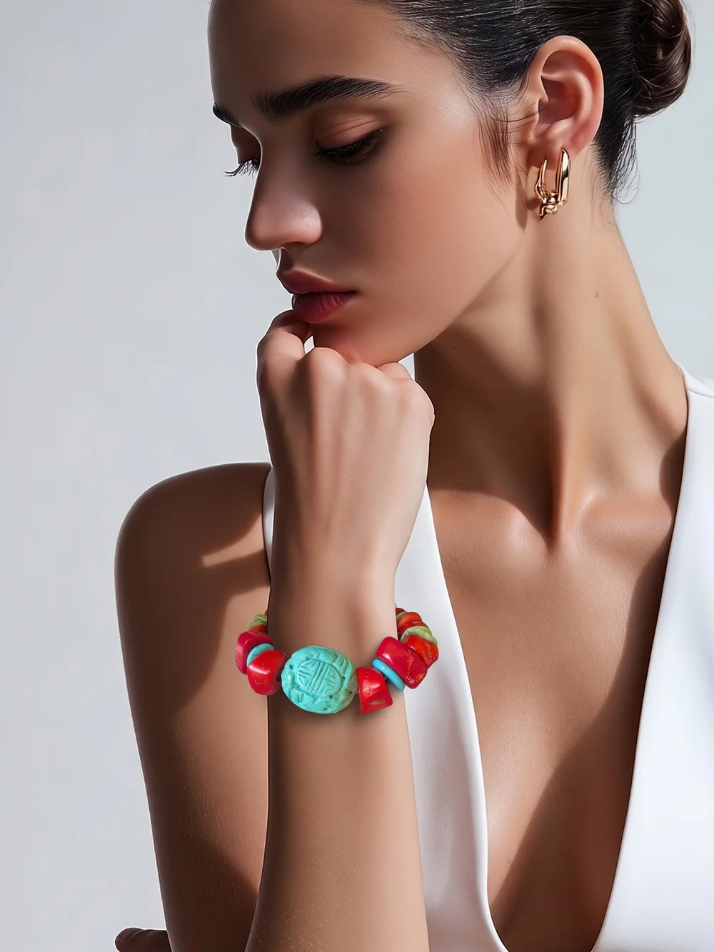 Chunky Colorful Turquoise & Coral Statement Bracelet - Women Jewelry